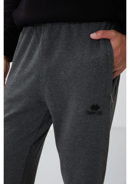 Antrasit Melanj Fermuar Cepli Dar Kalıp Klasik Paça Erkek Eşofman Alt - 84669