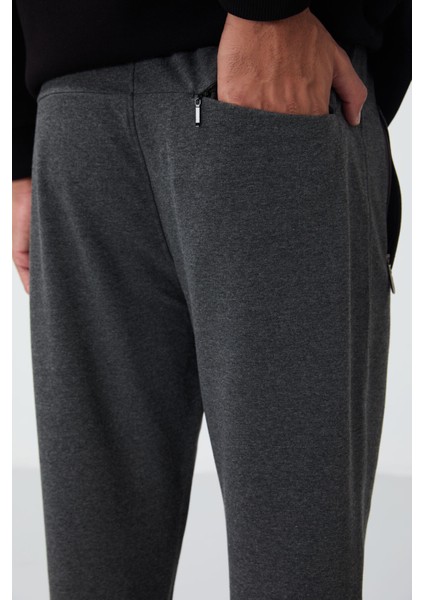 Antrasit Melanj Fermuar Cepli Dar Kalıp Klasik Paça Erkek Eşofman Alt - 84669