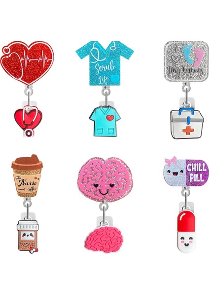 6 Adet Komik Hemşirelik Kimlik Kartı Parıltılı Rozet Tutucu Geri Çekilebilir Klips (Yurt Dışından)