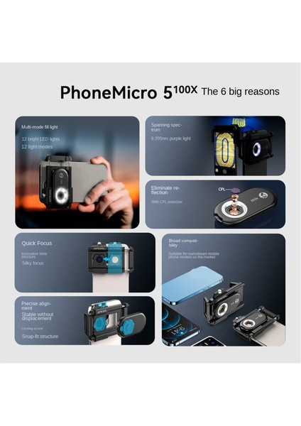 Apexel Telefon Mikroskop Lens, 100X Telefon Lens Nano Zoom, LED Uv Işığı/cpl/universal Clip 100X ile Android/iphone Için (Yurt Dışından) fiyatları