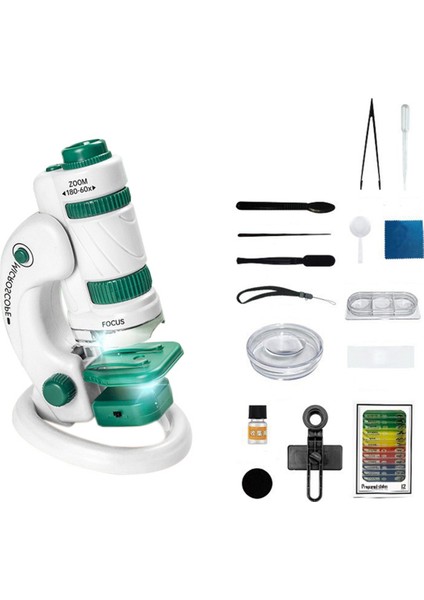 Çocuk Bilim Mikroskop Kiti 60-180X Eğitim Mini Cep Elden Taşınır Akıllı Telefon Mikroskobu LED Açık Beyaz+Yeşil (Yurt Dışından)