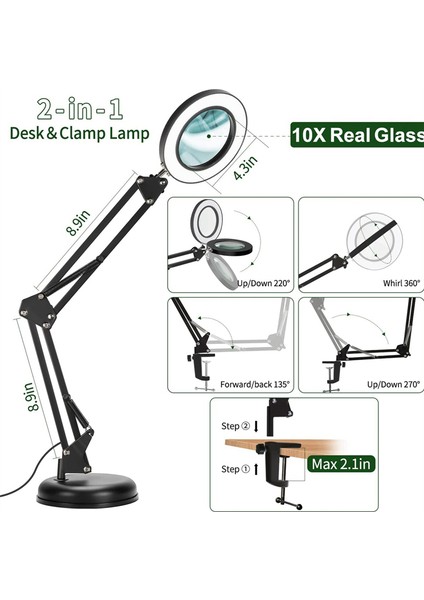 Işık ve Stand ile Büyüteç, 10X Büyüteç Lambası, Kelepçeli 2&#39;si 1 Arada Masa Lambası, 3 Renk Modu (Yurt Dışından) modelleri