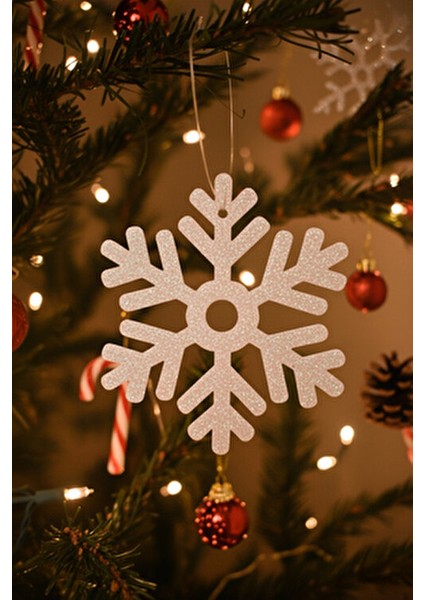 Gümüş Simli Kar Tanesi Yılbaşı Ağaç Süsü 12'li Paket 8 x 8 cm modelleri