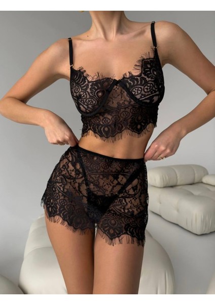 Siyah 3’lü Dantel Takım (Bustiyer + Mini Arkası Açık Dantel Etek + Tanga)