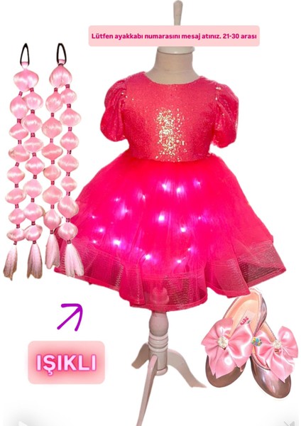 Payetli Pembe Işıklı Elbise Kostüm + Pembe Bubble Saç + Pembe Babet Seti Bayram Doğum Günü Parti