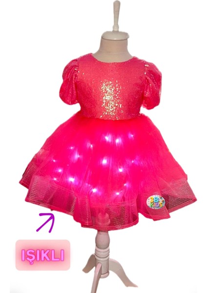 Payetli Pembe Işıklı Elbise Kostüm + Pembe Bubble Saç + Pembe Babet Seti Bayram Doğum Günü Parti modelleri