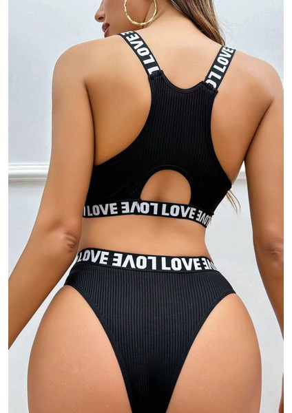 Kadın Siyah Çapraz Sırt ve Love Lastik Detaylı Sütyen Külot Takım