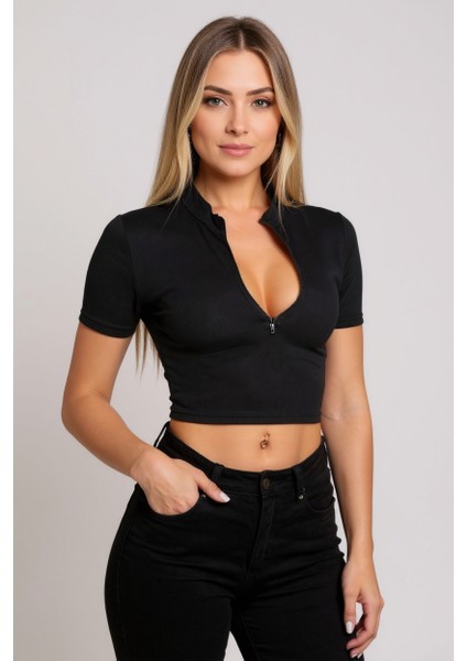 Kadın Siyah Yarım Fermuarlı ve Kısa Kollu Crop Top Bluz fiyatları