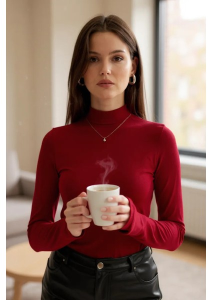 Kadın Bordo Parmak Detaylı Esnek Uzun Kollu Body