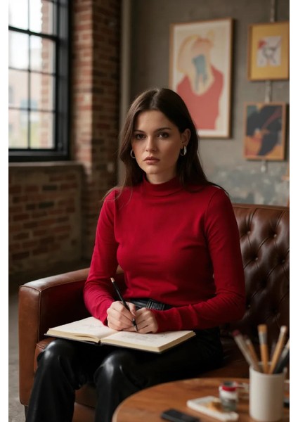 Kadın Bordo Parmak Detaylı Esnek Uzun Kollu Body