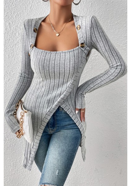 Kadın Gri Düğme Detaylı Kare Yaka Fitilli Asimetrik Etekli Uzun Kollu Bluz indirimleri