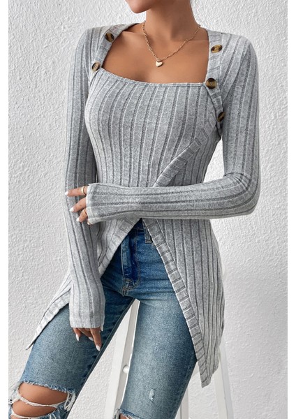 Kadın Gri Düğme Detaylı Kare Yaka Fitilli Asimetrik Etekli Uzun Kollu Bluz