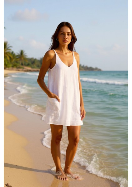 Kadın Beyaz Mini Cepli Tulum Plaj Elbisesi – Şık, Rahat ve 4 Mevsim Kullanıma Uygun
