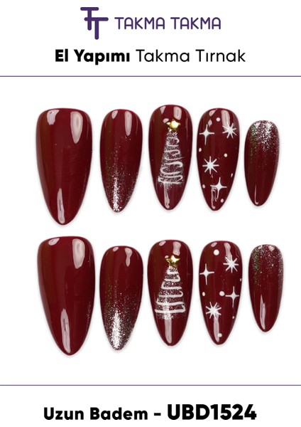 10'lu Bordo Uzun Badem UBD1524 Tekrar Kullanılabilir El Yapımı Protez Takma Tırnak - Bordo-XS