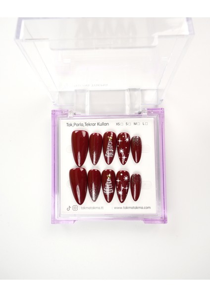 10'lu Bordo Uzun Badem UBD1524 Tekrar Kullanılabilir El Yapımı Protez Takma Tırnak - Bordo-XS modelleri