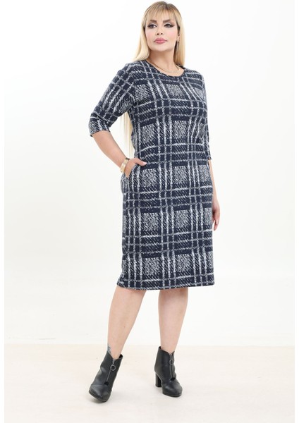 Çift Cepli Desenli Esnek Kışlık Büyük Beden Midi Elbise 37D-2739 fiyatları