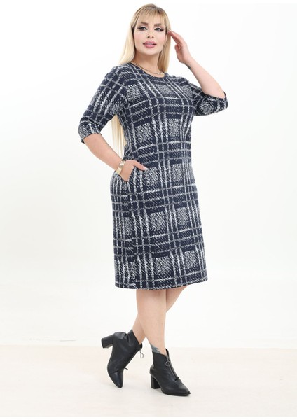 Çift Cepli Desenli Esnek Kışlık Büyük Beden Midi Elbise 37D-2739 fırsatları