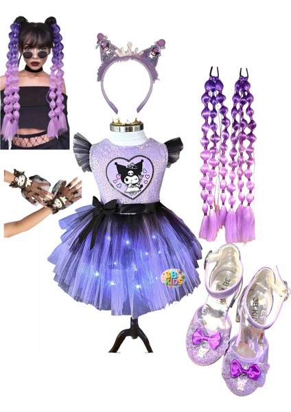 Kuromi Işıklı Elbise Kostüm Bubble Saç Kuromi Taç Kuromi Topuklu Ayakkabı Eldiven Seti Düğün Parti