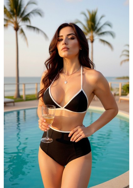 Kadın Siyah Beyaz Kaşkorse Yüksek Bel Bikini Takımı – Modern, Konforlu ve Günlük Kombinlere Uygun