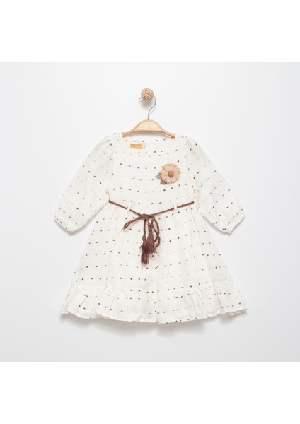 Kız Çocuk Ponpon Desenli Uzun Kollu Elbise