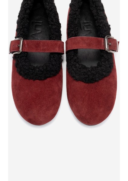 Guın Bordo Süet Hakiki Deri Peluş Detaylı Kemerli Kadın Babet Ayakkabı fiyatları