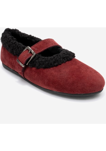 Guın Bordo Süet Hakiki Deri Peluş Detaylı Kemerli Kadın Babet Ayakkabı modelleri