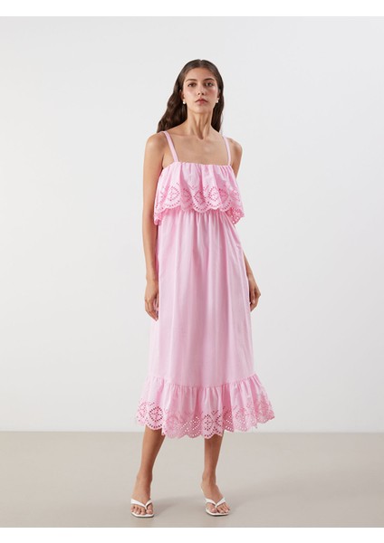 Yeni Sezon Ajurlu Askılı Belden Oturtmalı Poplin Elbise