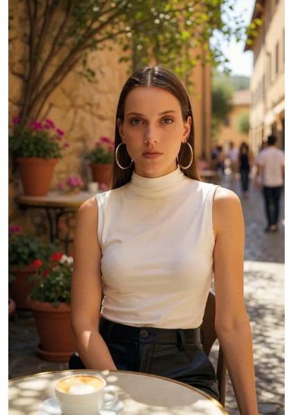 Kadın Beyaz Kolsuz Balıkçı Yaka Basic Bluz