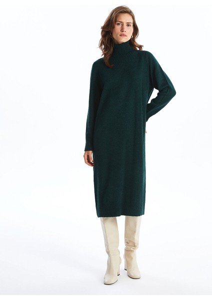 Yeni Sezon Balıkçı Yaka Düz Uzun Kollu Oversize Kadın Triko Elbise