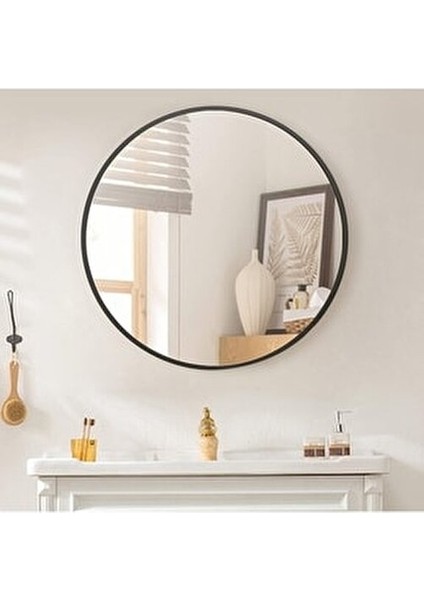 70 cm Yuvarlak Ayna Antrasit Kenar Ahşap Çerçeve ile Modern Dekorasyon fiyatları