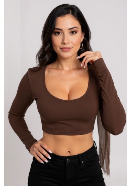 Kadın Kahverengi Uzun Kol Kare Yaka Crop Top Bluz – Şık, Rahat ve Kolay Kombinlenebilir fiyatları