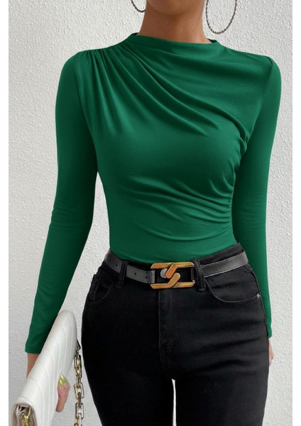 Kadın Yeşil Belden ve Boyundan Büzgü Detaylı Uzun Kollu Bluz indirimleri