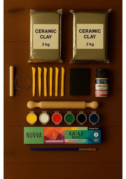 Seramik Hamuru 4000 Gr, 7li Plastik Ebeşuar (Modelaj Seti), Kesme Teli-Ipi, Guaj, Doğal Kil Çamuru