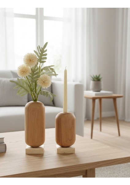 Ahşap Gövdeli Traverten Dekoratif Vazo & Şamdan Seti