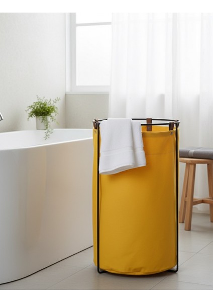 Edda Deri Askılı Metal Gövdeli Retro Çamaşır Sepeti - Sarı
