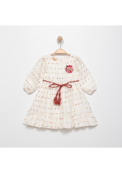 Kız Çocuk Ponpon Desenli Uzun Kollu Elbise