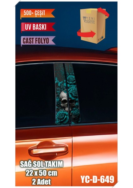 Araç Kapı Direk Kaplama Folyosu Kuru Kafa Desenli (Sağ Sol Takım) (2 Adet) - 22X50 cm