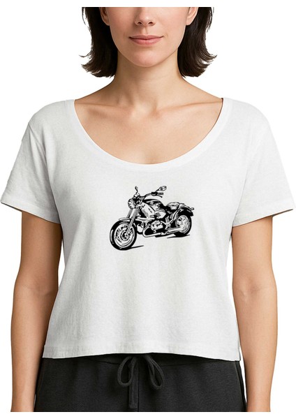 Kruvazör Motosiklet Çizim Beyaz Kadın Tişört