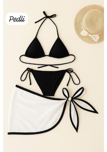 Kadın Siyah Beyaz Pareolu Yandan ve Boyundan Bağlamalı 3'lü Bikini Takımı – Modern, Konforlu ve Günlük Kombinlere Uygun