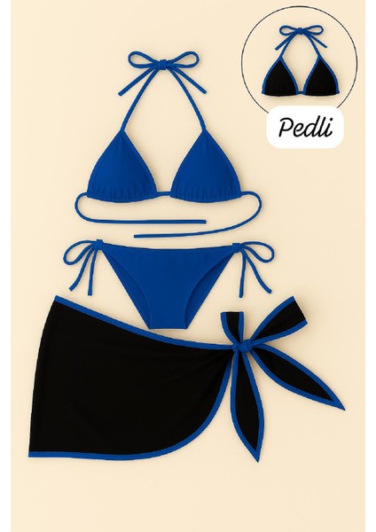 Kadın Mavi Pareolu Yandan ve Boyundan Bağlamalı 3'lü Bikini Takımı – Modern, Konforlu ve Günlük Kombinlere Uygun