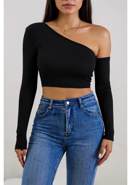 Kadın Siyah Tek Omuz Detaylı Uzun Kol Crop Top Bluz – Şık, Rahat ve Kolay Kombinlenebilir fiyatları