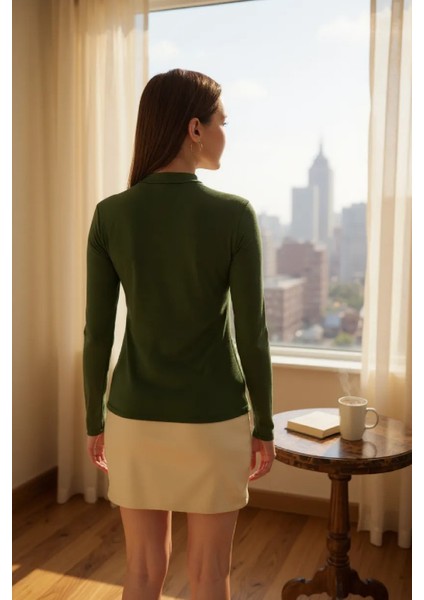 Kadın Haki Yeşili Parmak Detaylı Esnek Uzun Kollu Body