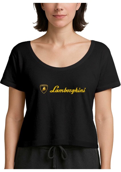 Lamborghni Gold Logo Text Siyah Kadın Tişört