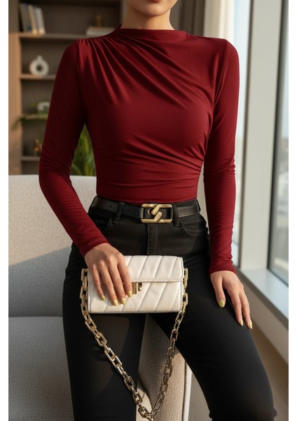 Kadın Bordo Belden ve Boyundan Büzgü Detaylı Uzun Kollu Bluz