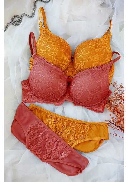 Kadın Hardal ve Kiremit Rengi Dolgulu Balenli Sütyen Külot 2'li Paket – Modern ve Şık Tasarım