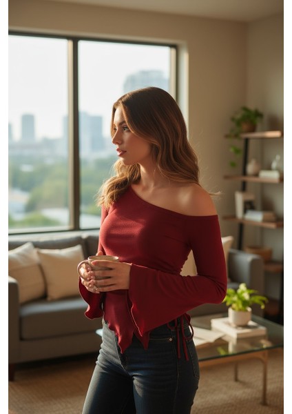 Kadın Bordo Uzun Ispanyol Kollu Asimetirik Yaka Yandan Bağlamalı Drapeli Bluz fiyatları