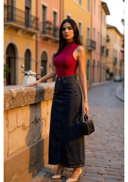 Kadın Bordo Kolsuz Balıkçı Yaka Basic Bluz