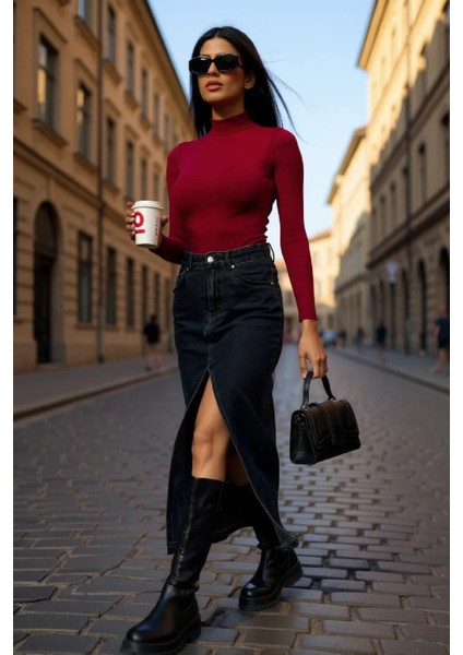 Kadın Bordo Kolsuz Balıkçı Yaka Basic Bluz