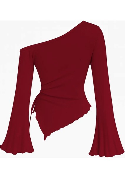 Kadın Bordo Uzun Ispanyol Kollu Asimetirik Yaka Yandan Bağlamalı Drapeli Bluz modelleri