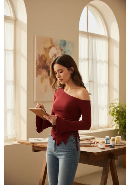 Kadın Bordo Uzun Ispanyol Kollu Asimetirik Yaka Yandan Bağlamalı Drapeli Bluz